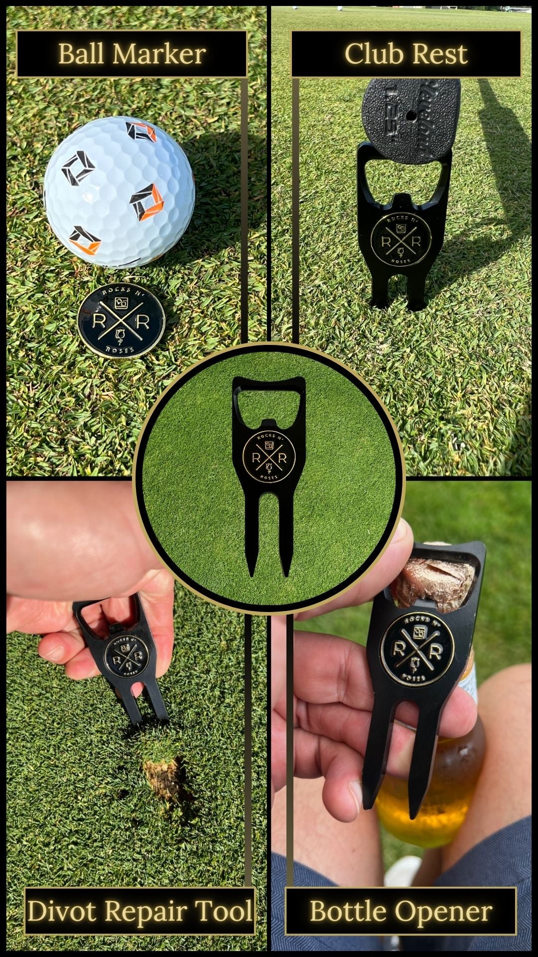 The Rocks N' Roses 4-in-1 Multi-Tool. It's a Divot Repair Tool, Magnetic Ball Marker, Bottle Opener, and Club Rest to keep your grips dry on those wet mornings.