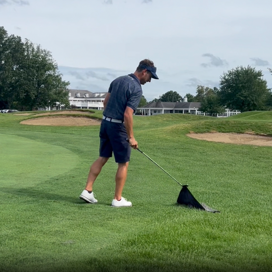 A video showcasing Rocks N' Roses magnetic golf towel. In this video we see several golfers hitting shots and then picking up the Rocks N' Roses magnetic golf towel without having to bend over using their clubhead.