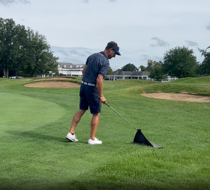 A video showcasing Rocks N' Roses magnetic golf towel. In this video we see several golfers hitting shots and then picking up the Rocks N' Roses magnetic golf towel without having to bend over using their clubhead.